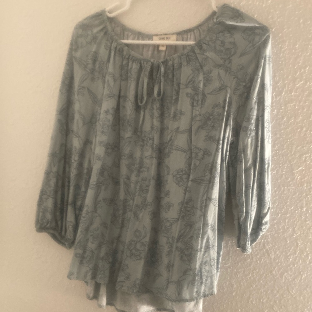 Teal blue floral blouse.